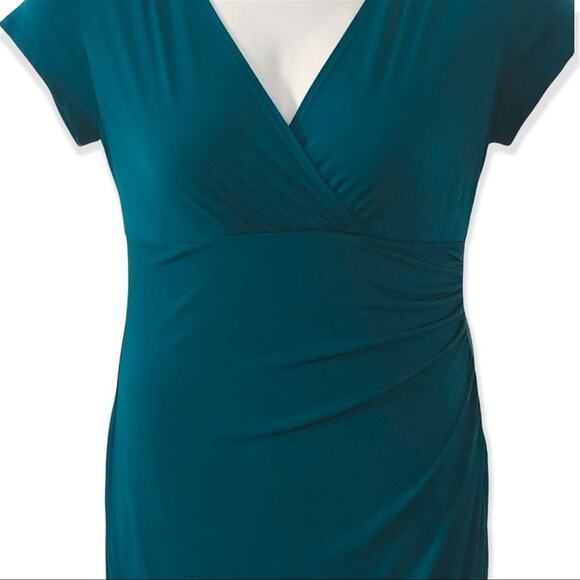 AB Studio Faux Wrap Dress Cap Sleeve Fitted Teal Midi Size Medium - Picture 6 of 12